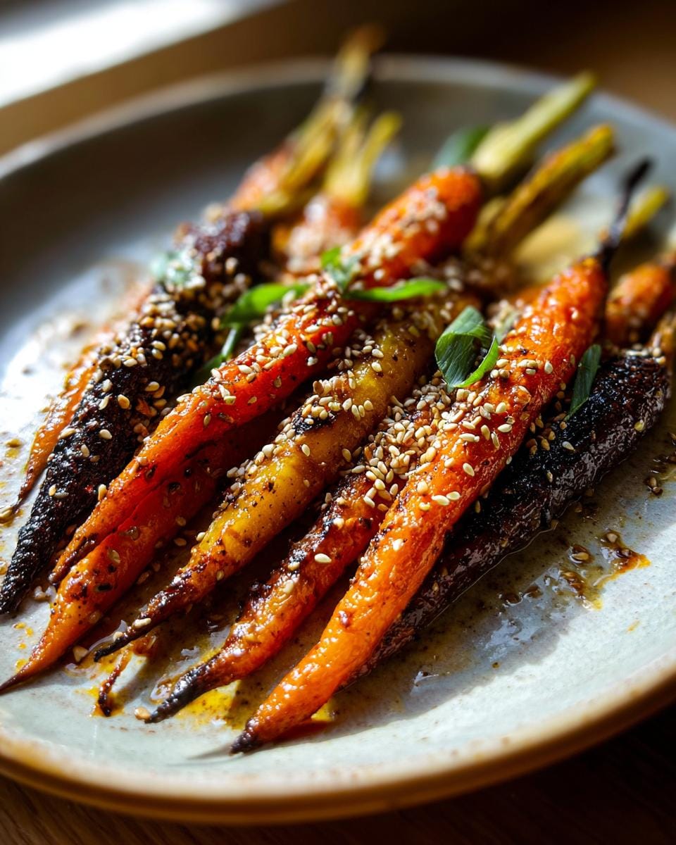 Ofengeröstete Karotten mit Halloumi und Sesam, serviert auf einem Teller, garniert mit Kräutern.