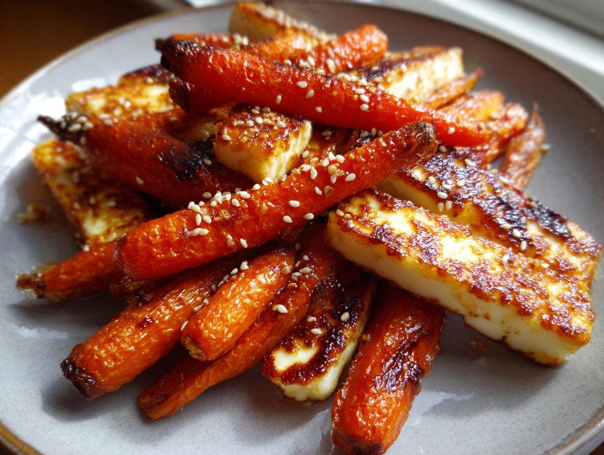 Nahaufnahme von Ofengeröstete Karotten mit Halloumi und Sesam, angerichtet auf einem Teller.