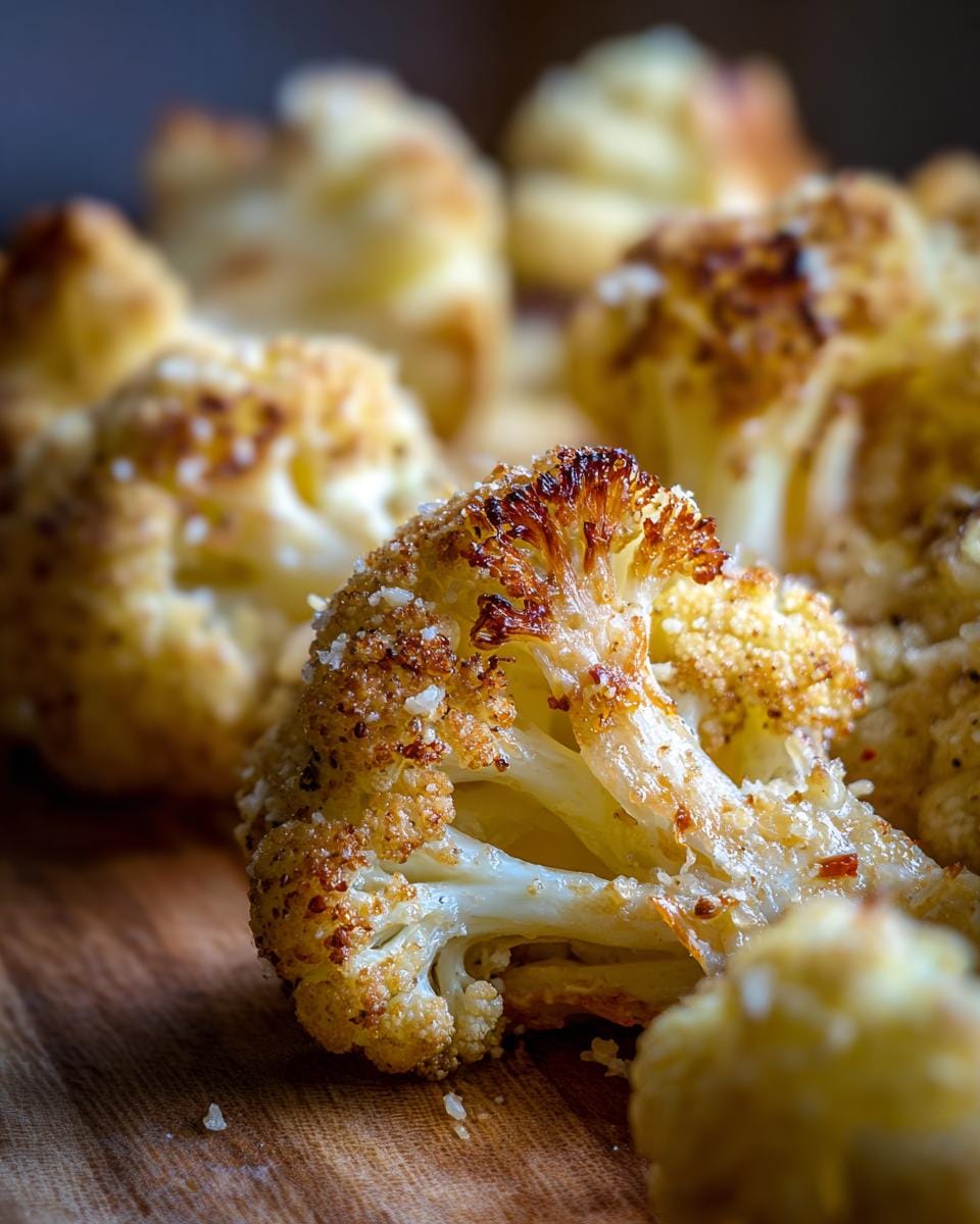 Close-up of Ofengerösteter Blumenkohl mit Parmesan, showing roasted cauliflower florets with parmesan cheese.