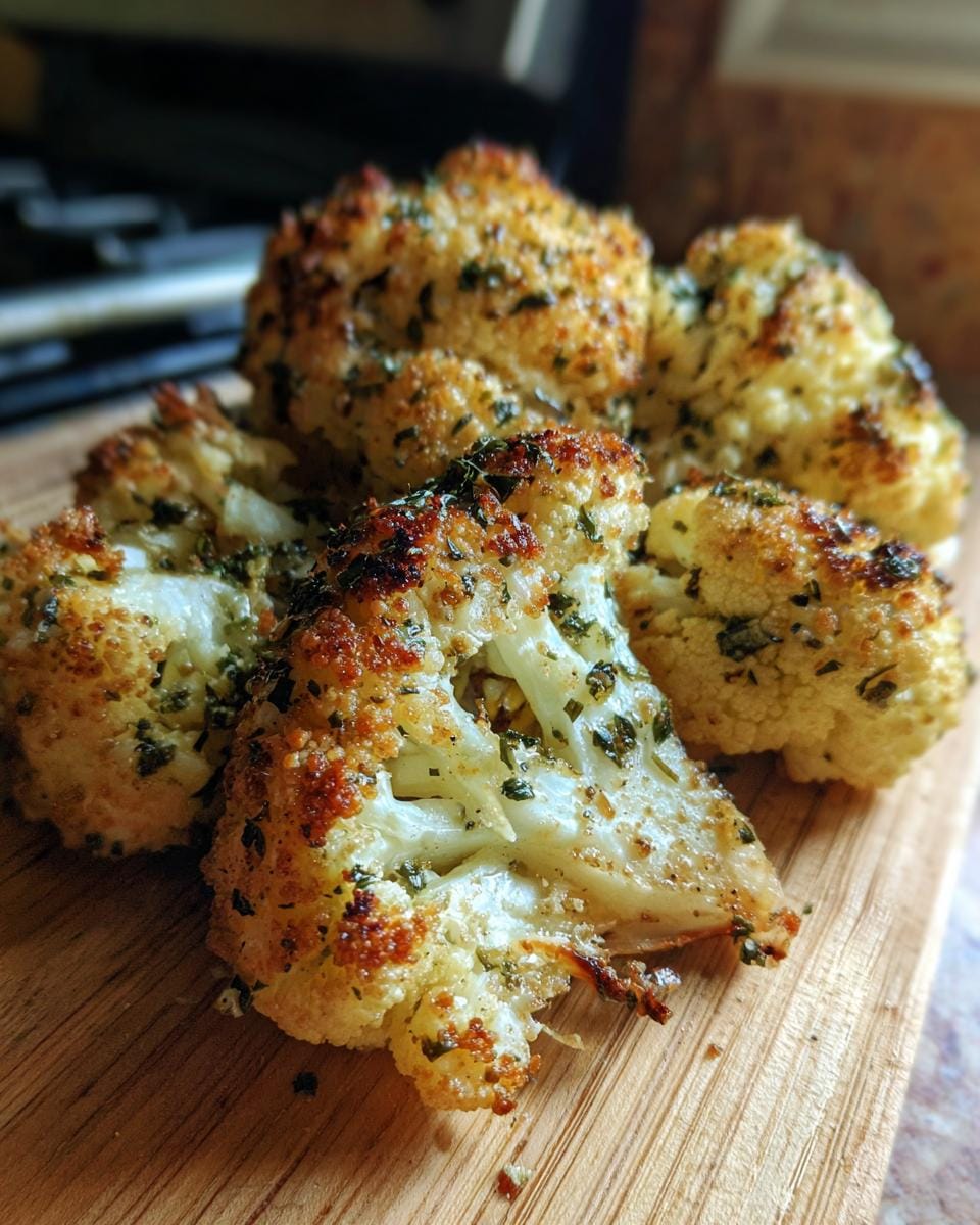 Close-up of Ofengerösteter Blumenkohl mit Parmesan, showing roasted cauliflower florets with parmesan and herbs.