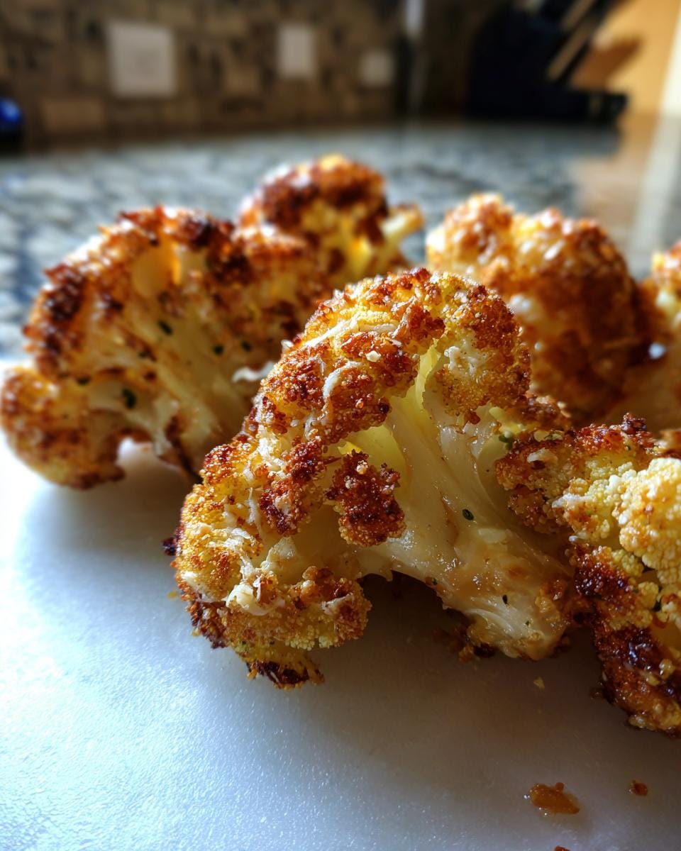 Close-up of Ofengerösteter Blumenkohl mit Parmesan, showing the crispy, golden-brown roasted cauliflower florets.