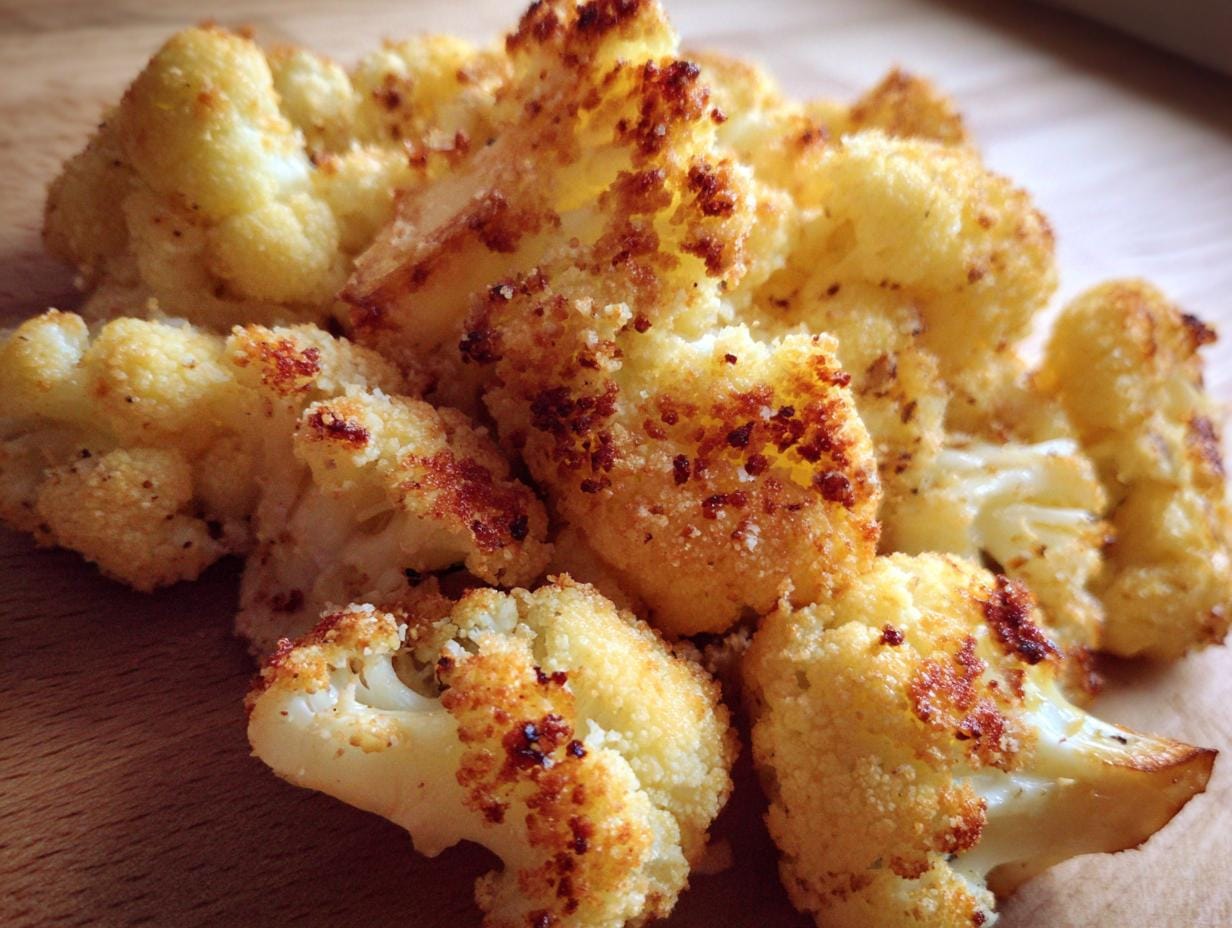 Close-up of Ofengerösteter Blumenkohl mit Parmesan, showing the roasted texture and parmesan cheese.
