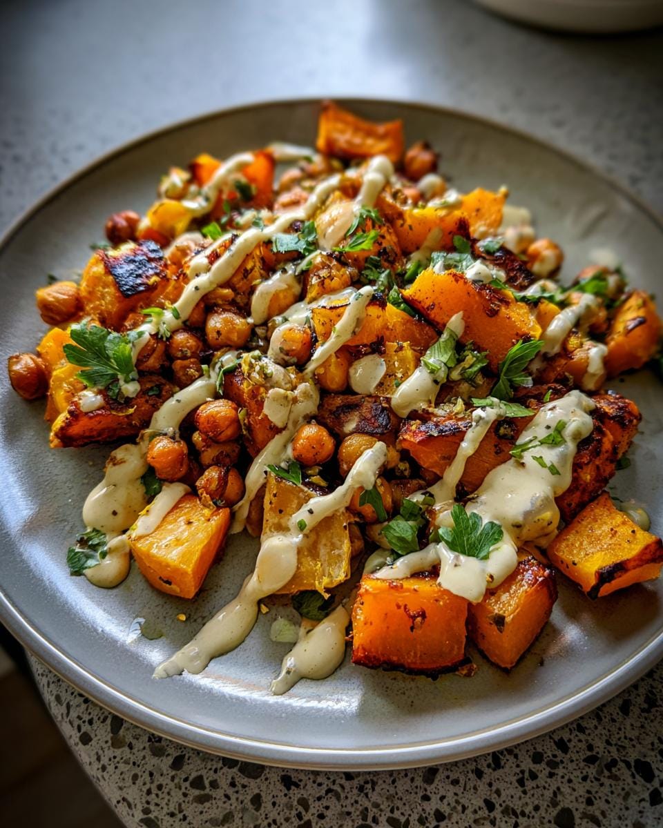Roasted Ofenkürbis mit Kichererbsen und Tahini-Dressing, garnished with parsley, served on a plate.