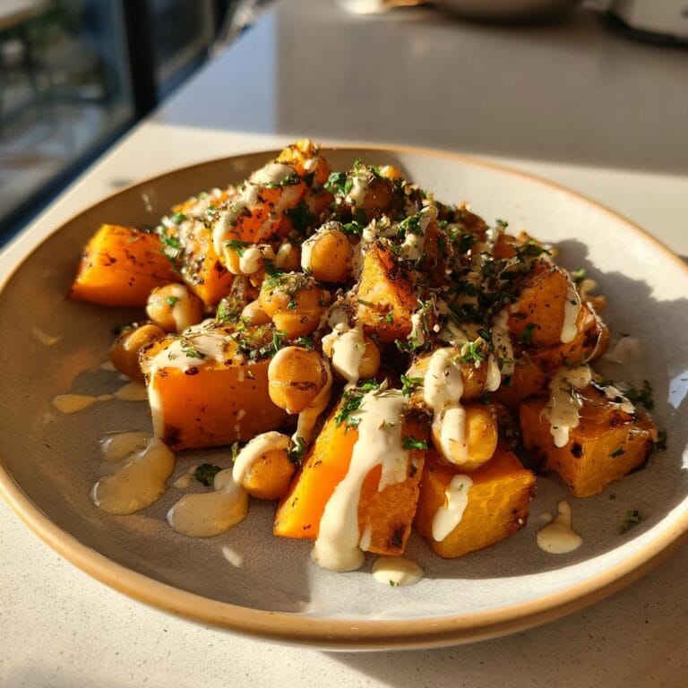 Roasted Ofenkürbis mit Kichererbsen und Tahini-Dressing on a plate, garnished with herbs.