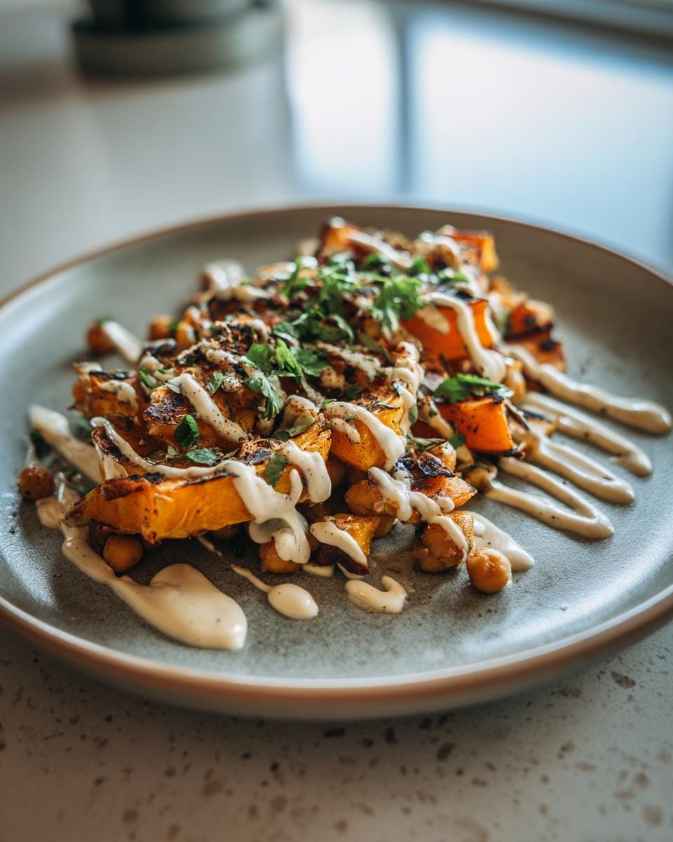 Delicious Ofenkürbis mit Kichererbsen und Tahini-Dressing on a plate, garnished with herbs.