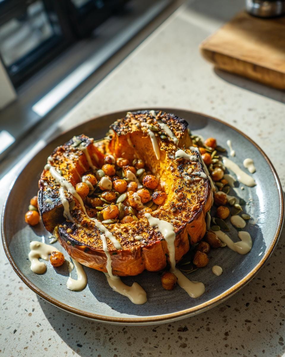 Roasted Ofenkürbis mit Kichererbsen und Tahini-Dressing on a plate, garnished with seeds.