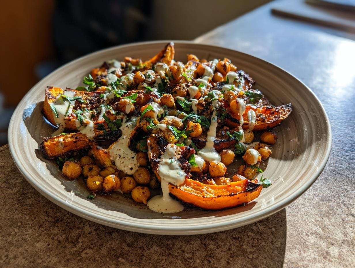 Roasted Ofenkürbis mit Kichererbsen und Tahini-Dressing on a plate, garnished with parsley.