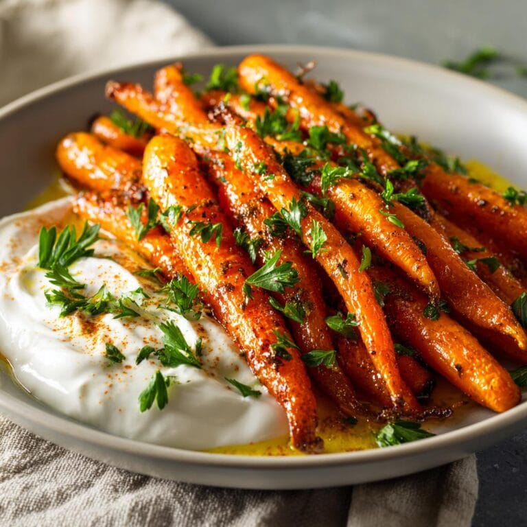 Orientalische Möhren mit Kreuzkümmel und Joghurt, garnished with fresh parsley, served with creamy yogurt.