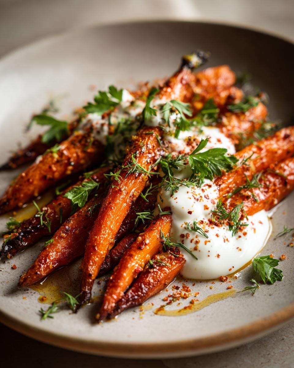 Roasted Orientalische Möhren mit Kreuzkümmel und Joghurt, garnished with fresh herbs and spices.