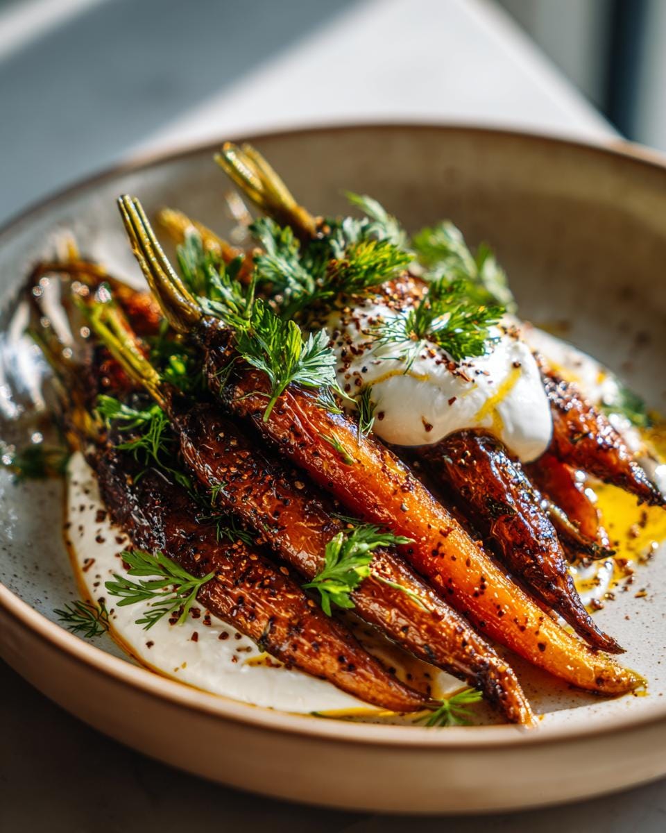 Close-up of Orientalische Möhren mit Kreuzkümmel und Joghurt, garnished with herbs and spices.