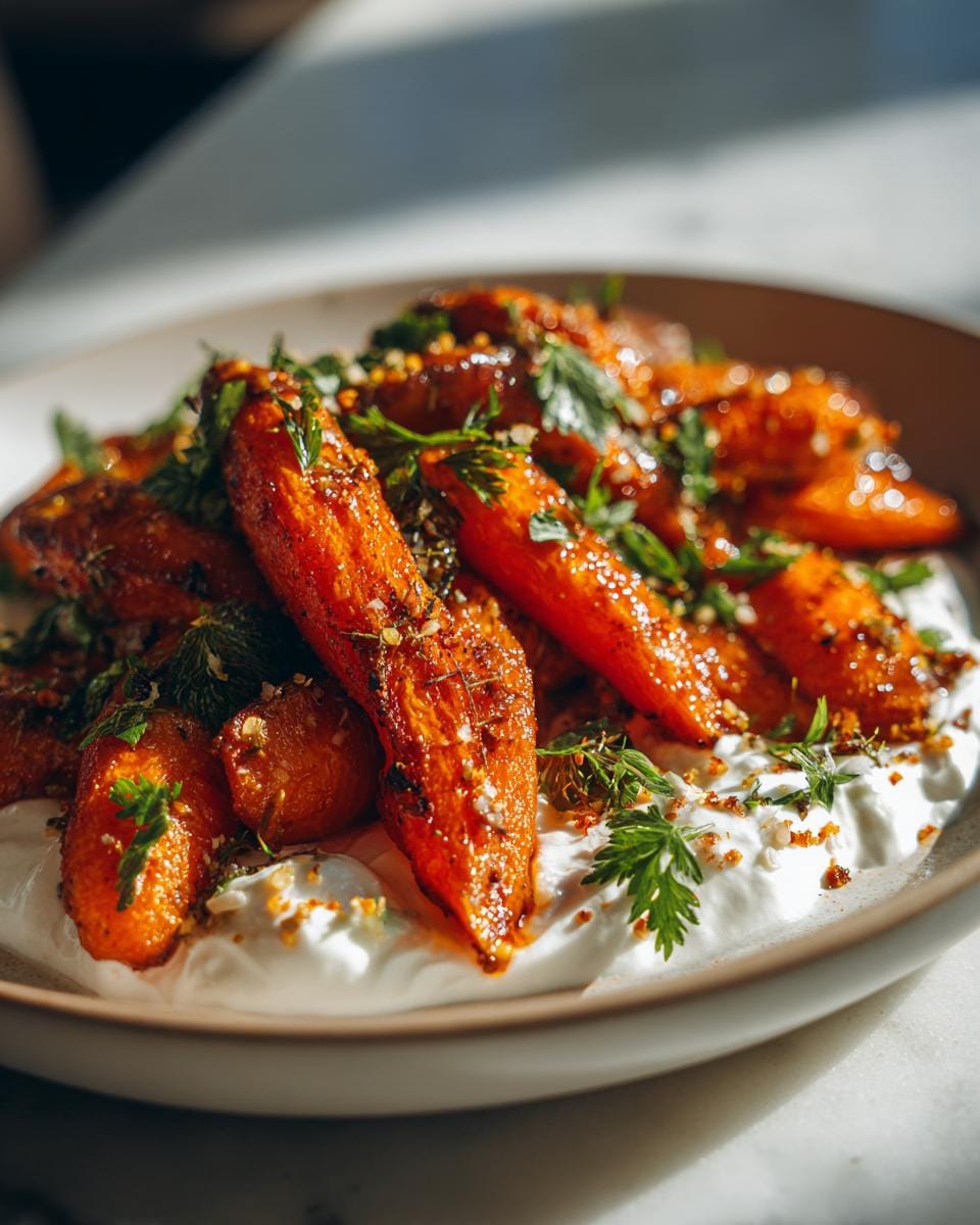 Close-up of Orientalische Möhren mit Kreuzkümmel und Joghurt, garnished with herbs on a creamy yogurt base.