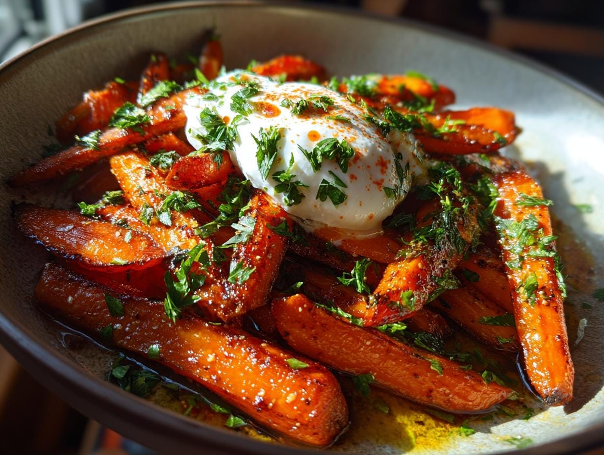 Orientalische Möhren mit Kreuzkümmel und Joghurt, garnished with fresh parsley and a dollop of yogurt.