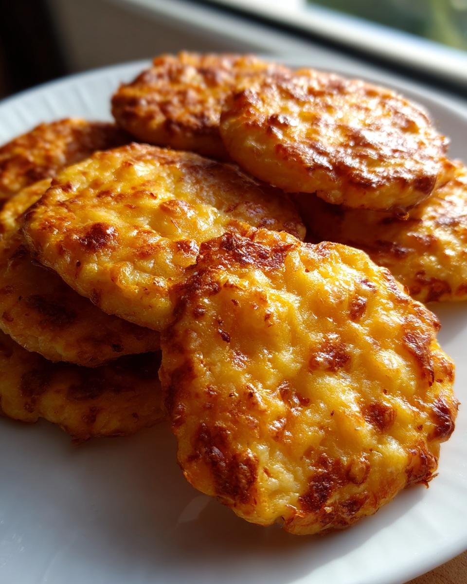 A stack of delicious, golden Paprika-Käse-Cracker Low Carb on a white plate.