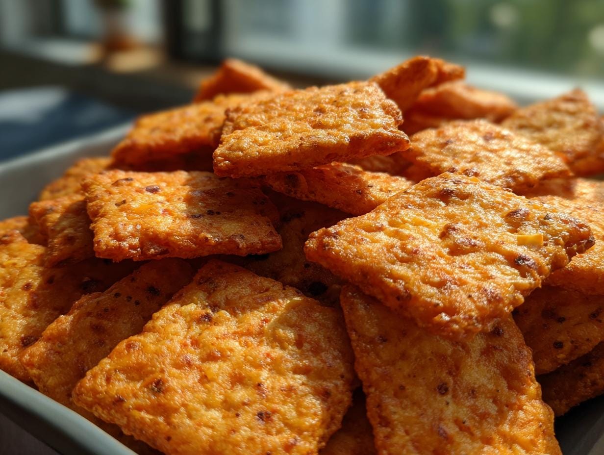 A close-up of a stack of homemade Paprika-Käse-Cracker Low Carb, showcasing their texture and color.