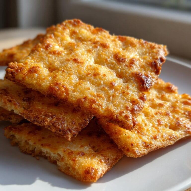 A stack of crispy Paprika-Käse-Cracker Low Carb on a white plate, golden brown and cheesy.