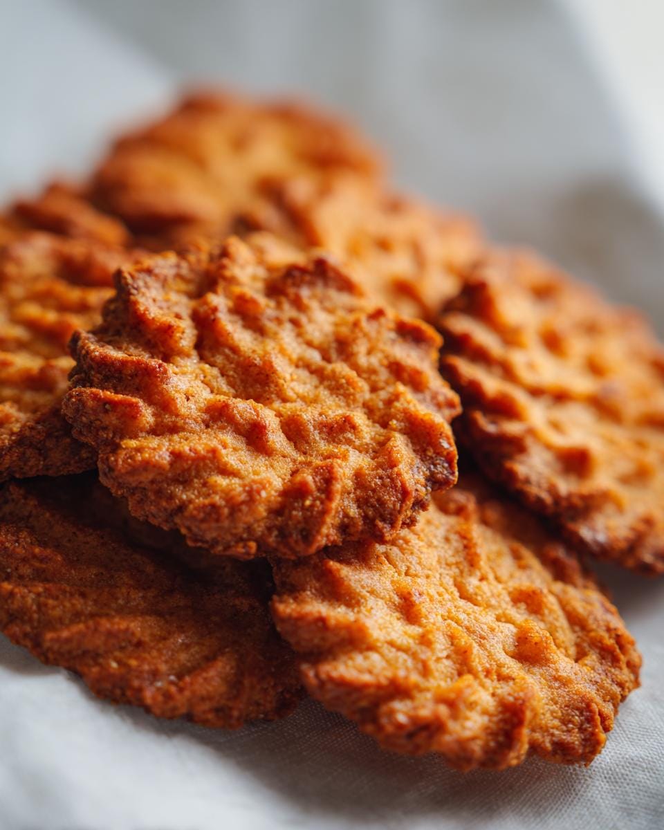 Close-up of stacked Paprika-Käse-Cracker Low Carb on a light surface, showing texture and color.