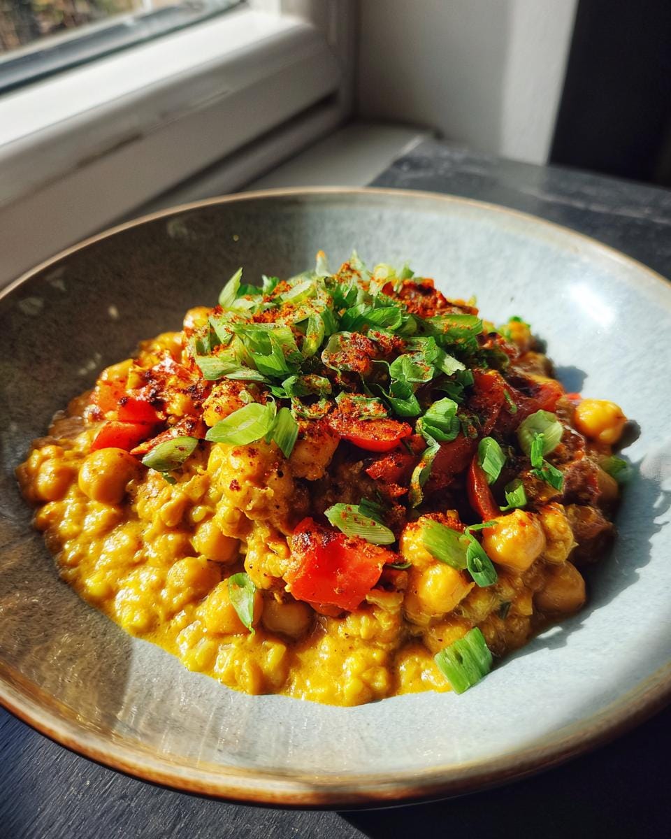 A bowl of vibrant Paprika-Kichererbsen-Curry, garnished with fresh herbs and paprika.