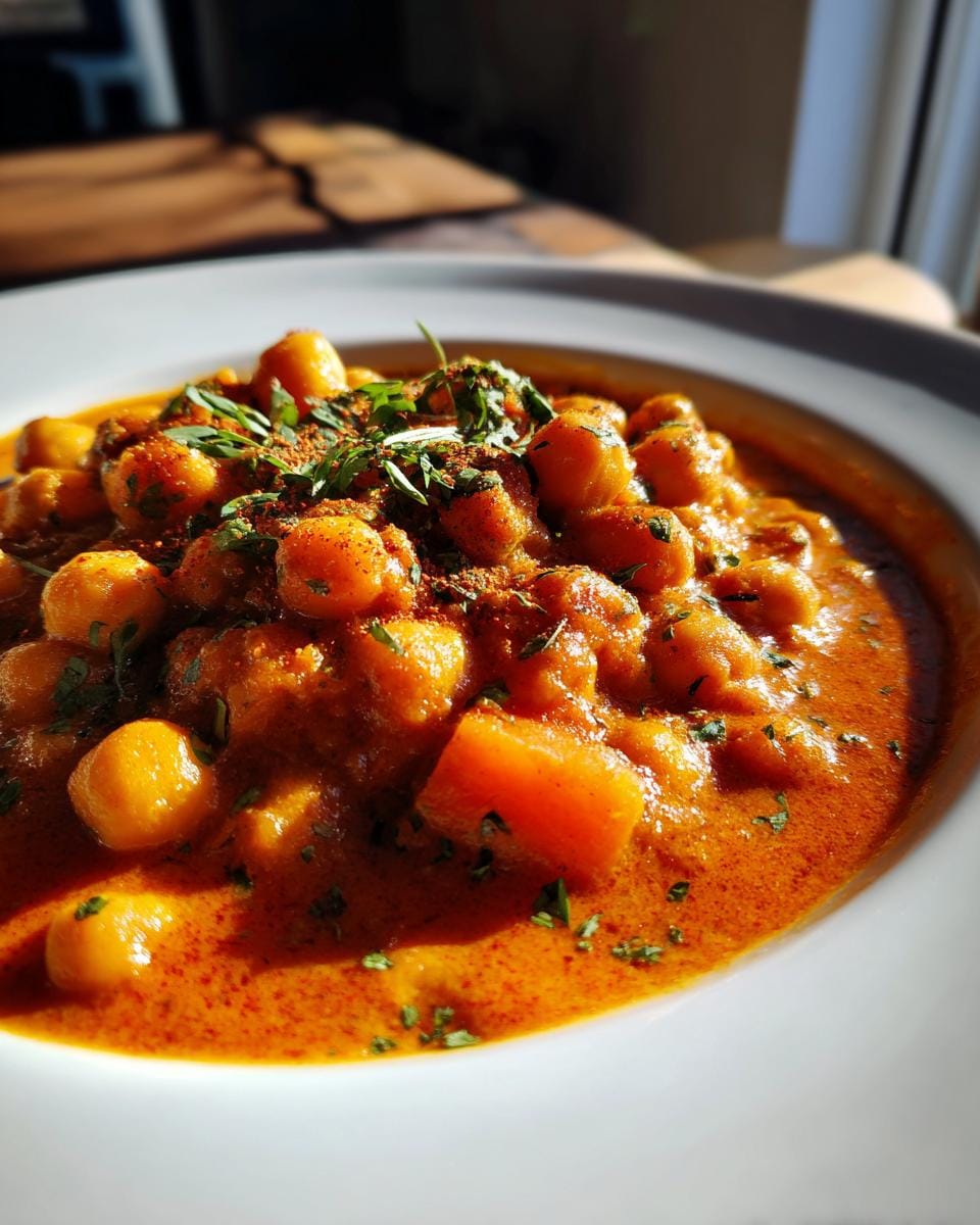 A bowl of flavorful Paprika-Kichererbsen-Curry, garnished with fresh herbs and spices.