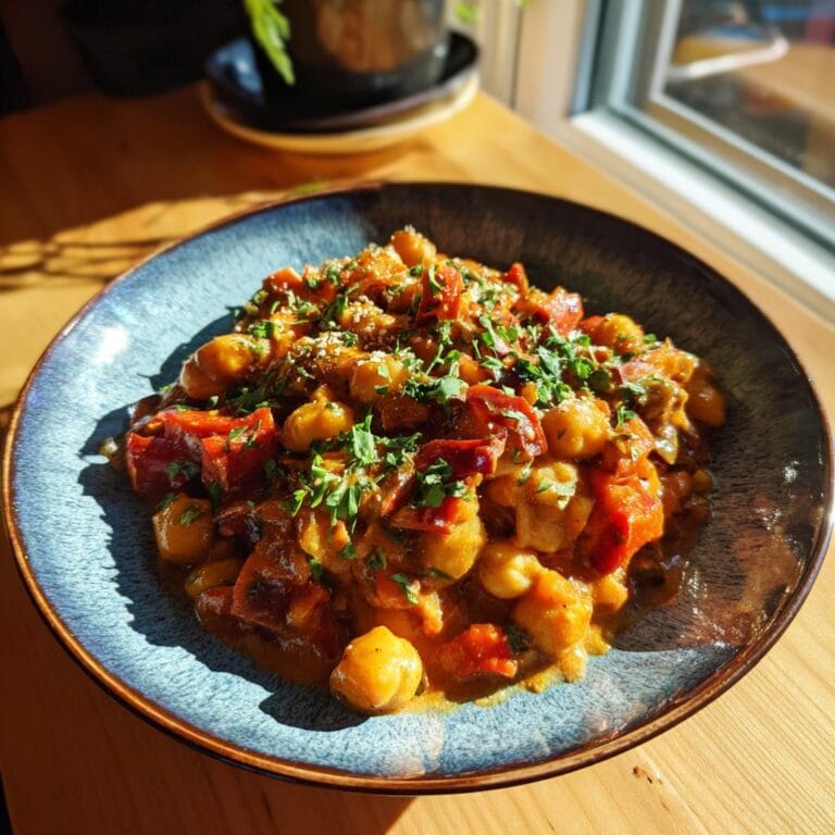A bowl of vibrant Paprika-Kichererbsen-Curry, garnished with fresh parsley, sits on a wooden surface.