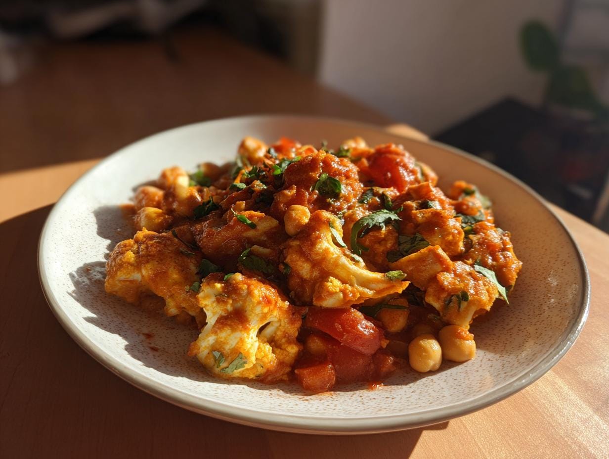 A plate of flavorful Paprika-Kichererbsen-Curry with cauliflower, tomatoes, and chickpeas.