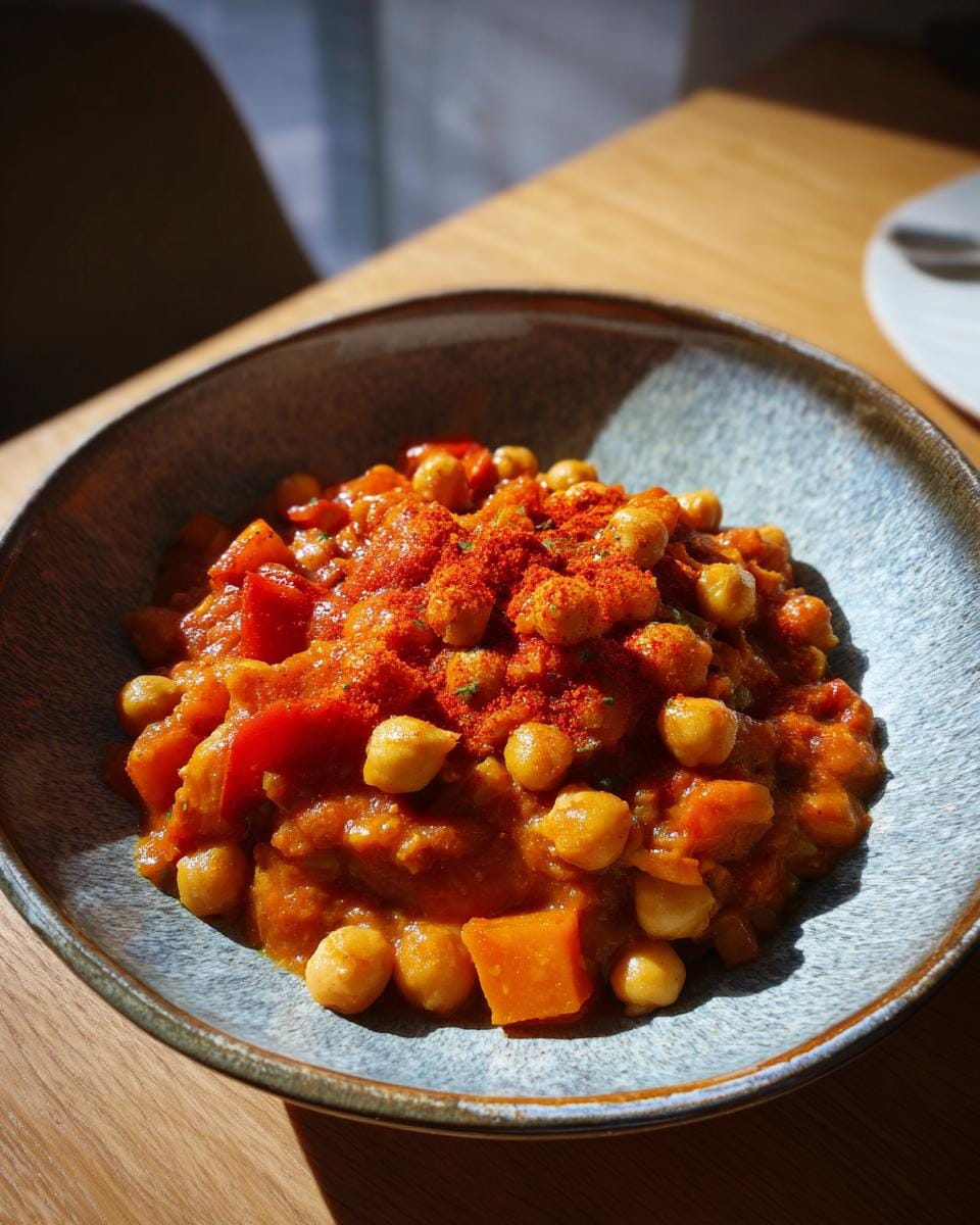 Close-up von Paprika-Kichererbsen-Curry in einer Schüssel, bestreut mit Paprikapulver.