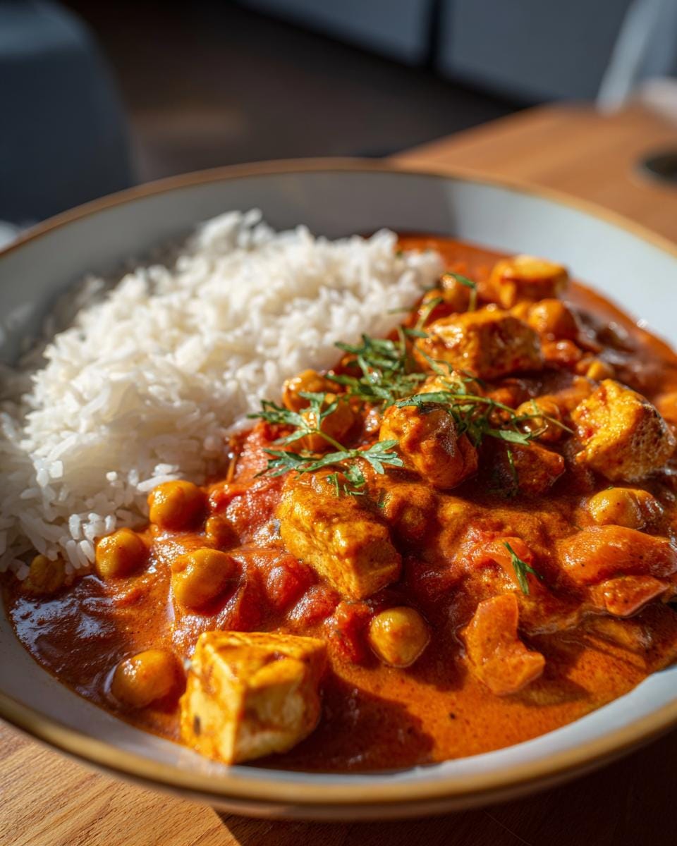 A bowl of Paprika-Kichererbsen-Curry served with white rice, garnished with fresh herbs.