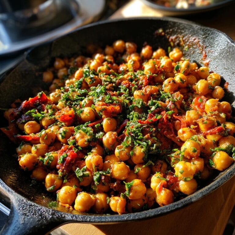 Nahaufnahme einer Paprika-Kichererbsen-Pfanne mit Kräutern in einer schwarzen Pfanne.