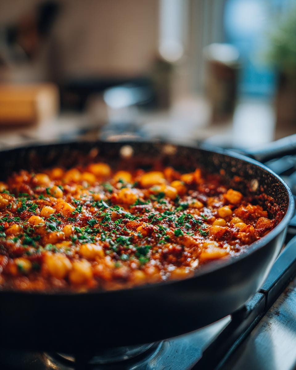 Close-up of Paprika-Kichererbsen-Pfanne mit Kräutern in a pan on the stove, garnished with fresh herbs.