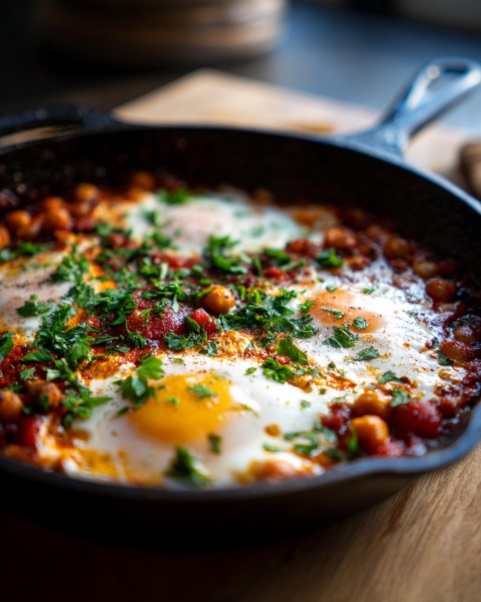 Close-up of Paprika-Kichererbsen-Pfanne mit Kräutern in einer gusseisernen Pfanne, garniert mit frischer Petersilie.