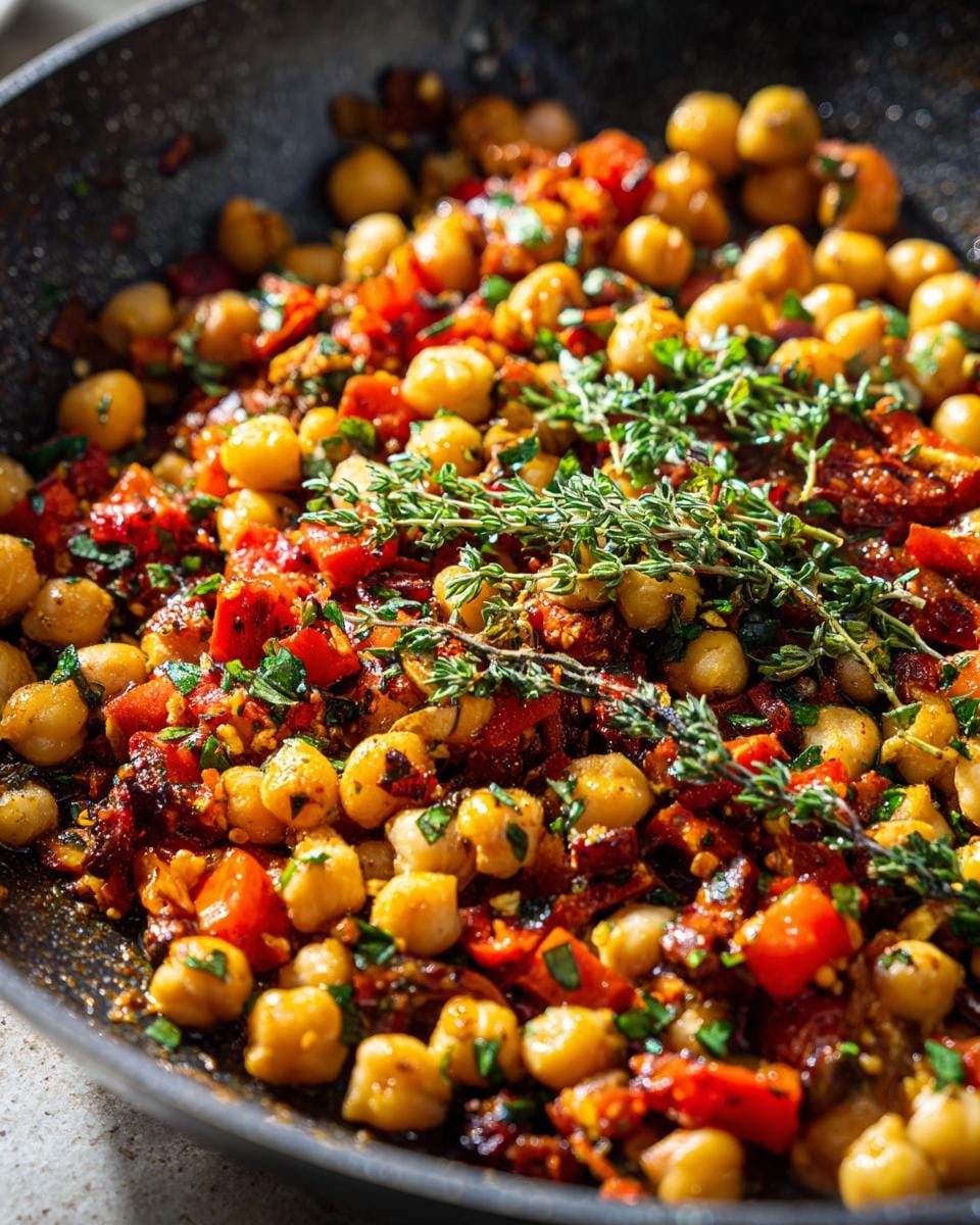 Close-up of Paprika-Kichererbsen-Pfanne mit Kräutern in a pan, showcasing chickpeas, peppers, and fresh herbs.
