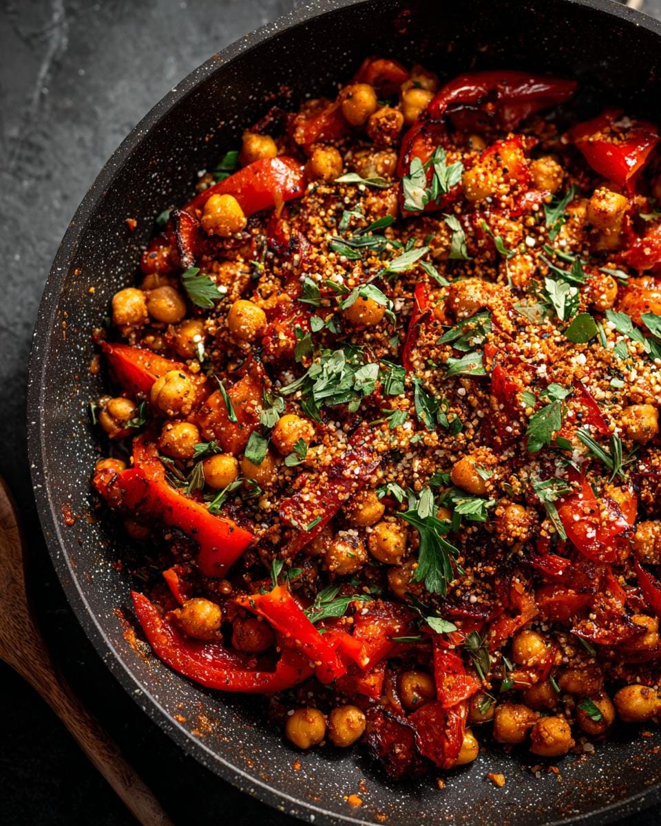 Close-up einer Paprika-Kichererbsen-Pfanne mit Kräutern, serviert in einer dunklen Pfanne.
