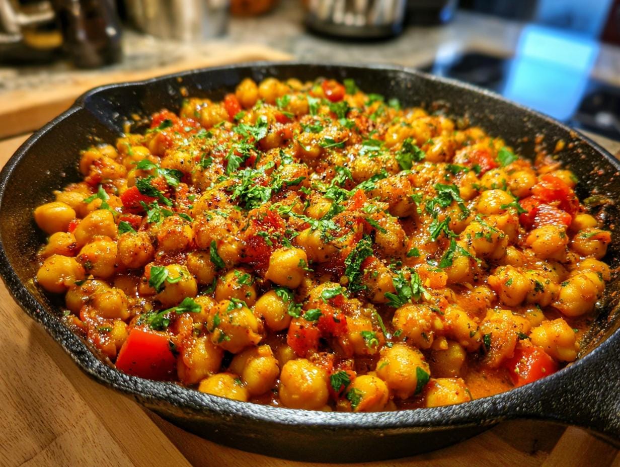 Close-up of a delicious Paprika-Kichererbsen-Pfanne mit Kräutern (chickpea and pepper pan) in a cast iron skillet.