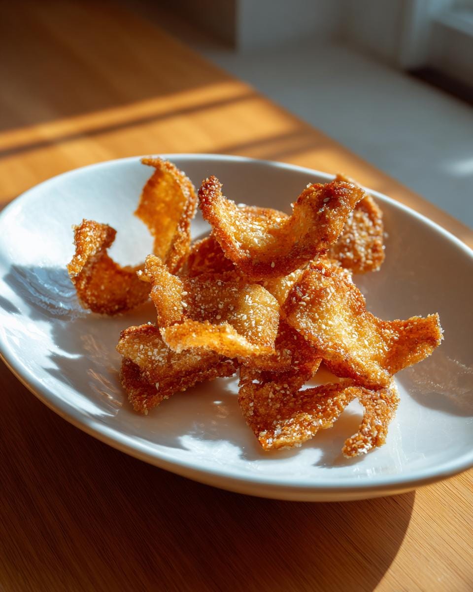 Nahaufnahme von Parmesan-Chips mit Sesam auf einem weißen Teller, beleuchtet von Sonnenlicht.