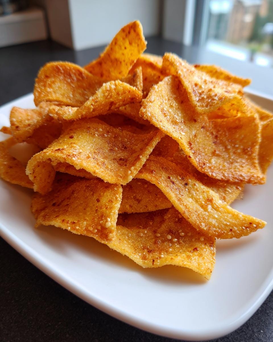 Close-up of crispy Parmesan-Chips mit Sesam on a white plate, showcasing their golden texture.