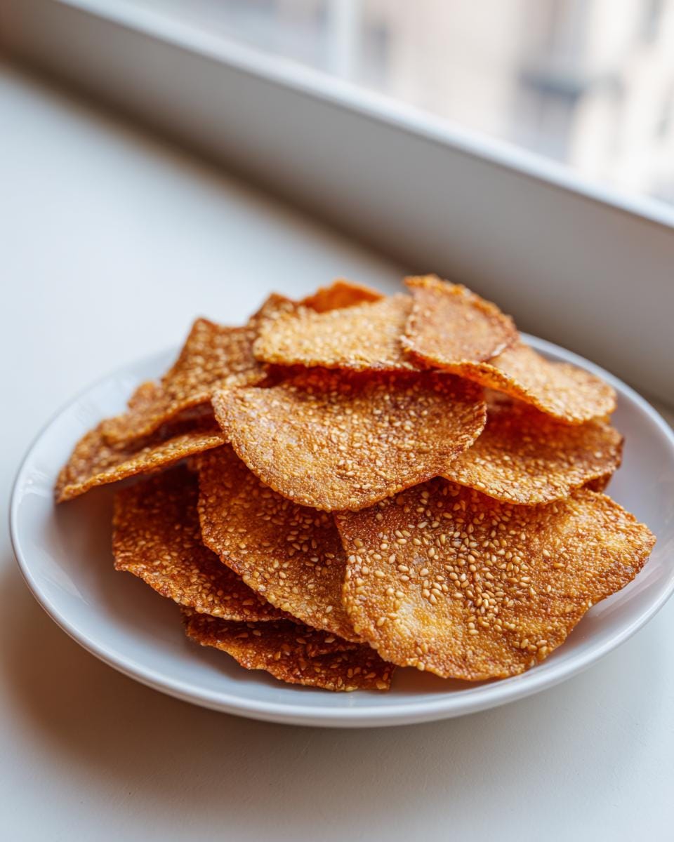 Close-up of Parmesan-Chips mit Sesam stacked on a white plate, showcasing their crispy texture and sesame seeds.