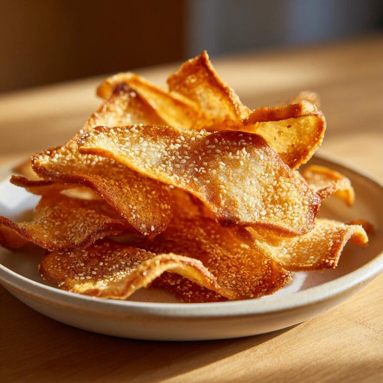 A stack of crispy Parmesan-Chips mit Sesam on a plate, golden brown and sprinkled with sesame seeds.