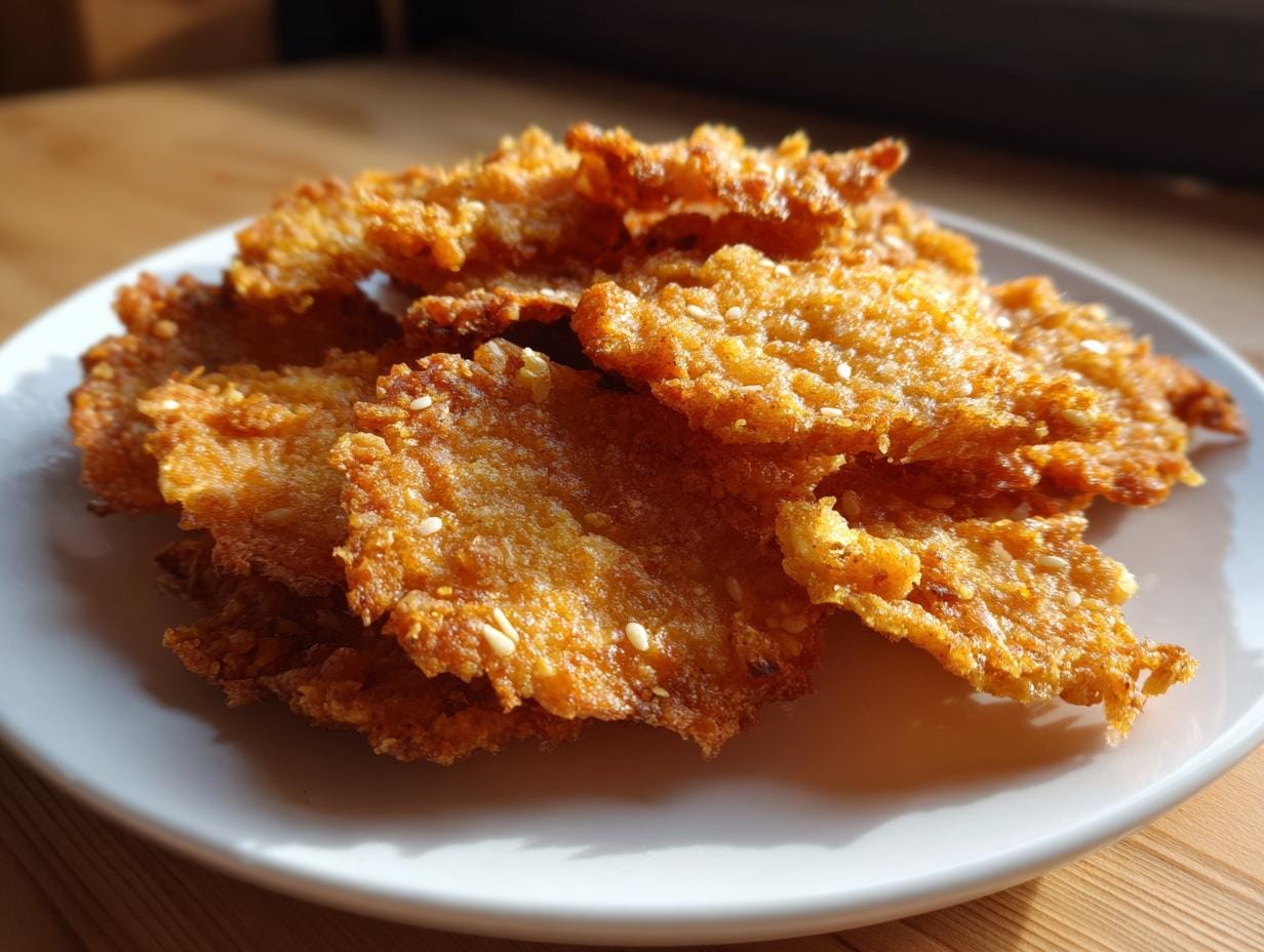 Close-up of crispy Parmesan-Chips mit Sesam on a white plate, showcasing their golden texture and sesame seeds.