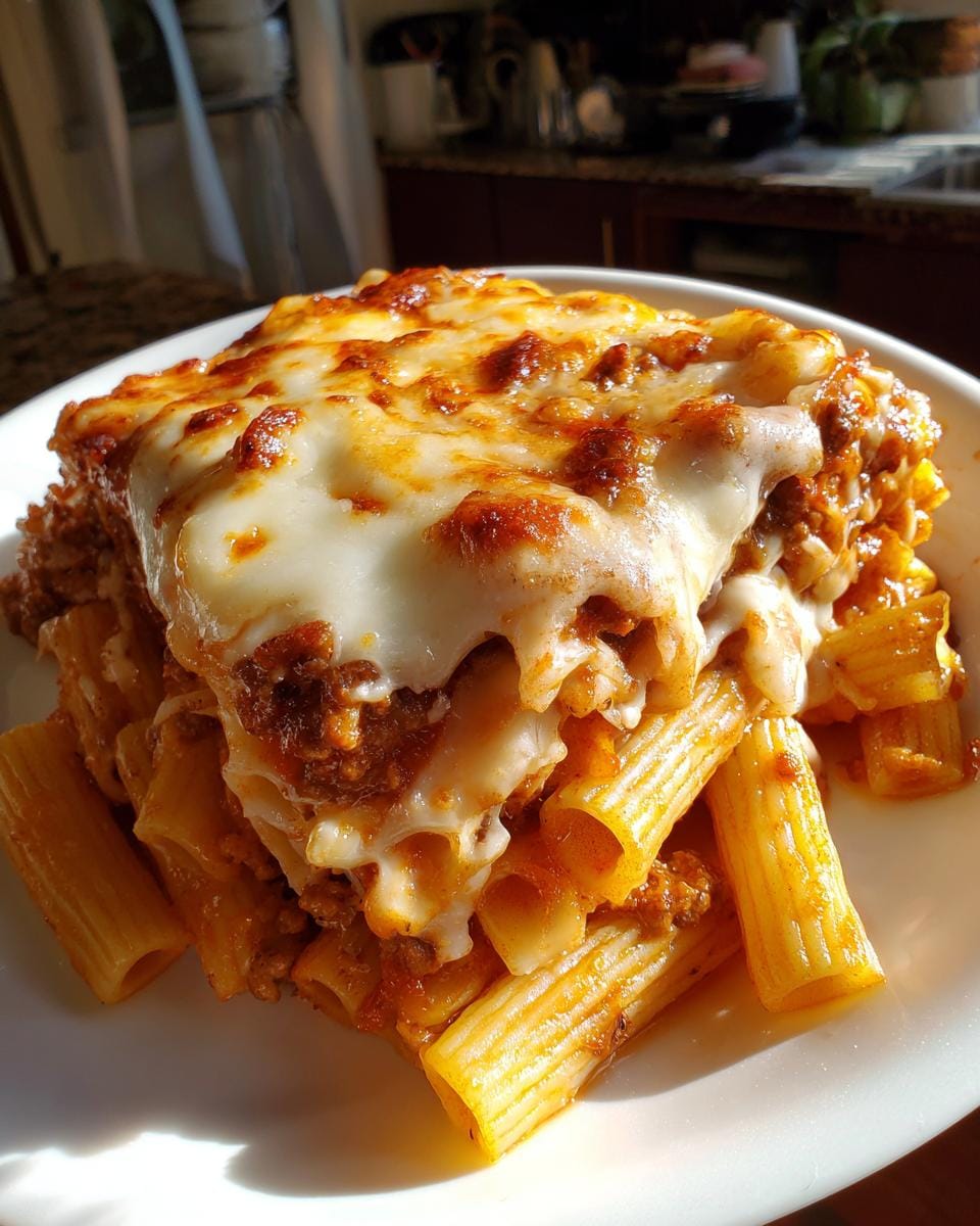 A delicious serving of Penne al Forno mit Hackfleisch und Käse, topped with melted cheese.