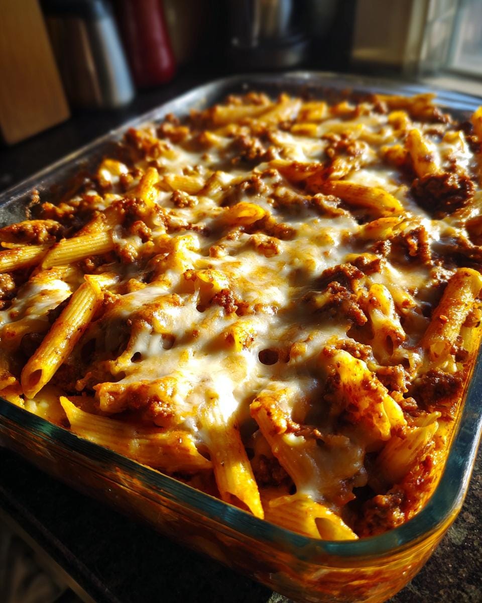 Penne al Forno mit Hackfleisch und Käse, frisch aus dem Ofen in einer Glasauflaufform serviert.