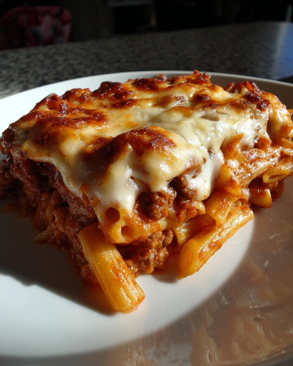 A single serving of Penne al Forno mit Hackfleisch und Käse, topped with melted cheese, on a white plate.