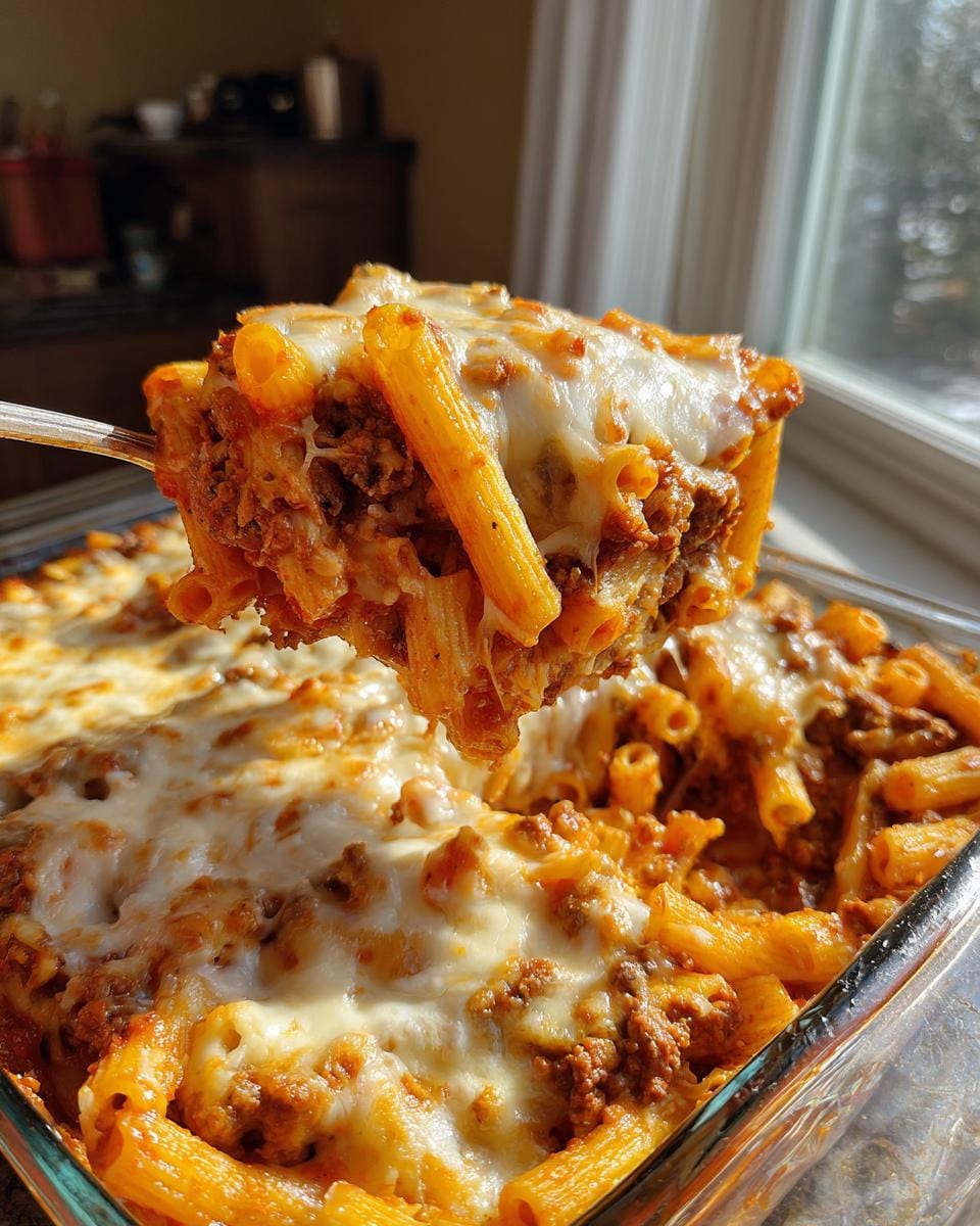 A serving of Penne al Forno mit Hackfleisch und Käse being lifted from a glass baking dish.