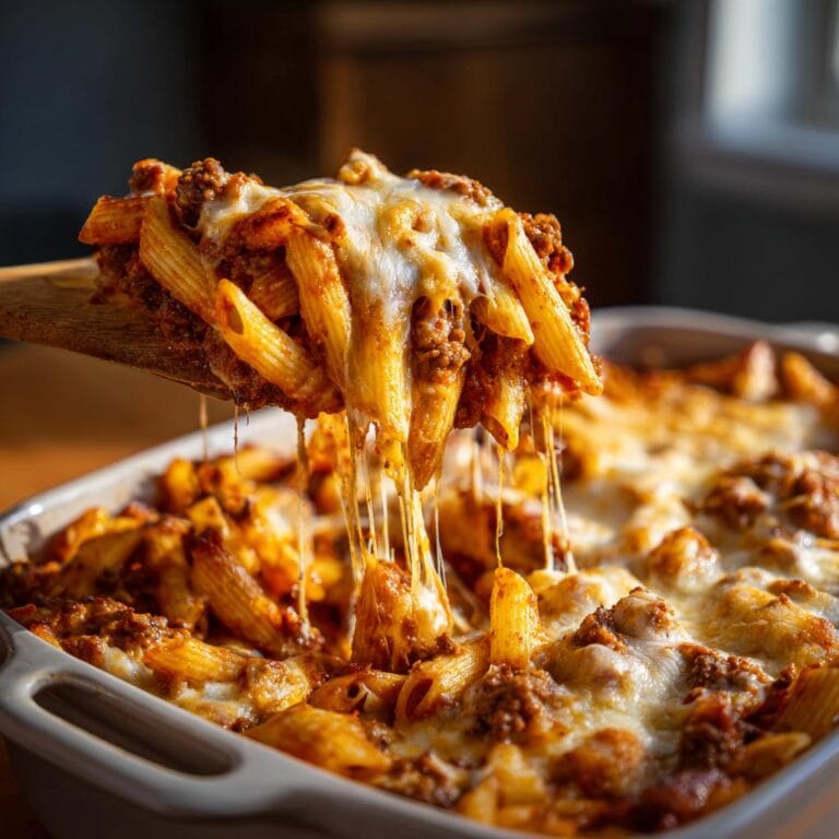 A wooden spoon lifts Penne al Forno mit Hackfleisch und Käse, showing melted cheese and pasta.