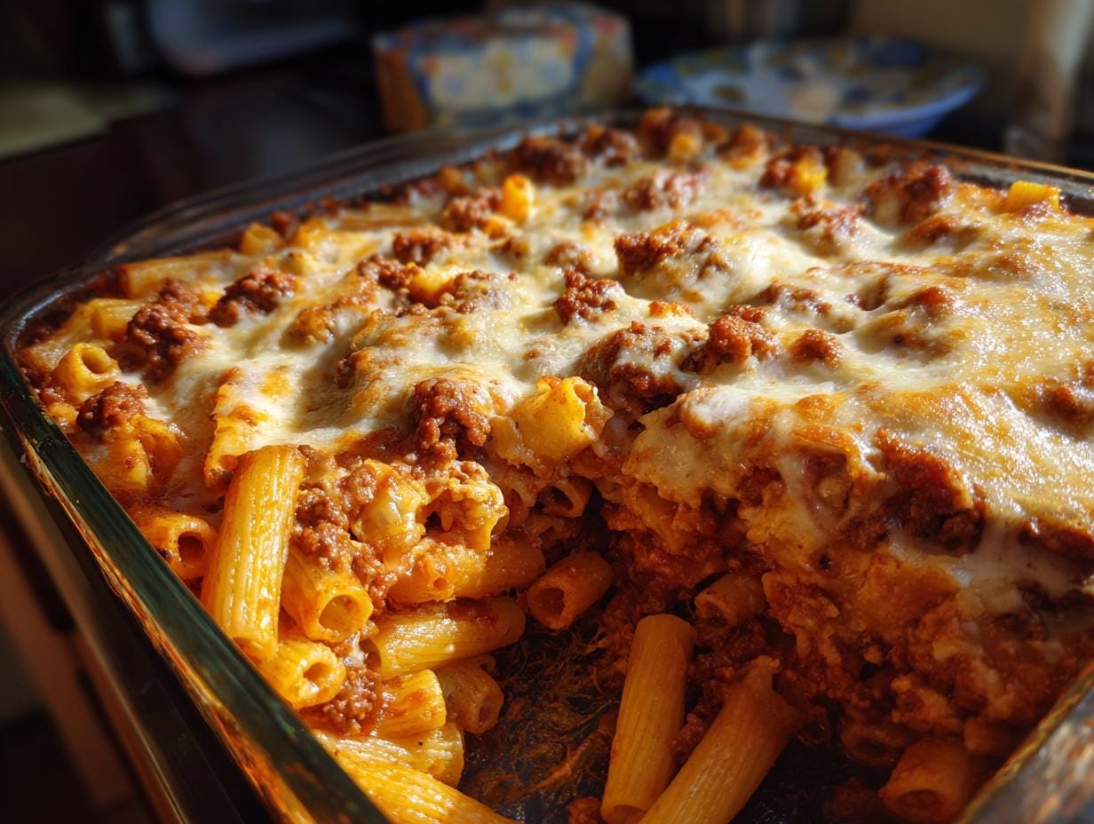 Penne al Forno mit Hackfleisch und Käse, gebacken in einer Glasauflaufform, servierfertig.