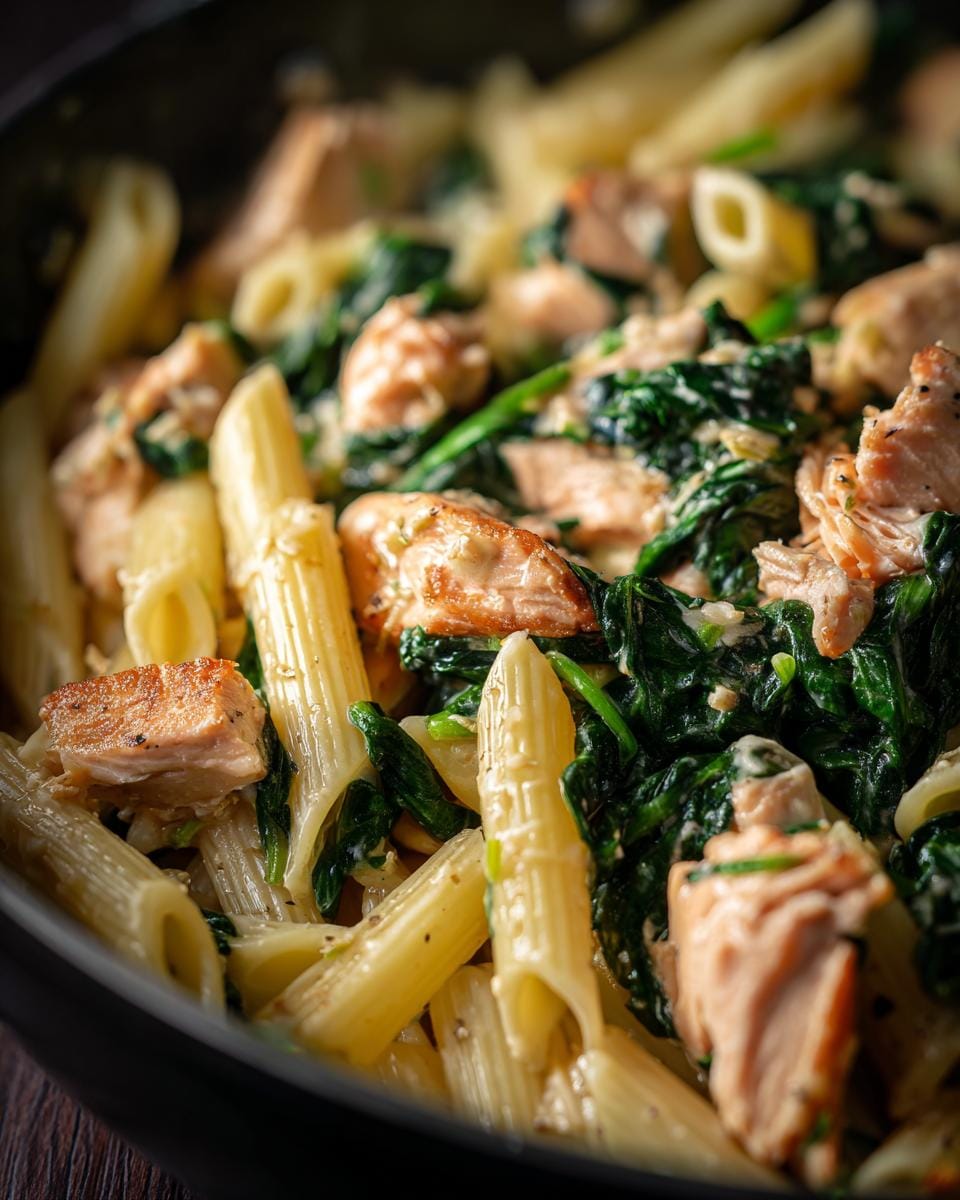 Close-up of Penne in cremiger Spinat-Lachs-Sauce, showing pasta, salmon, and spinach in a creamy sauce.