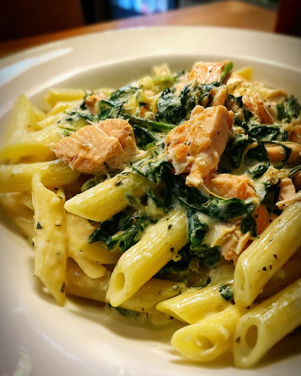 Close-up of Penne in cremiger Spinat-Lachs-Sauce, featuring pasta, salmon, and spinach in a creamy sauce.
