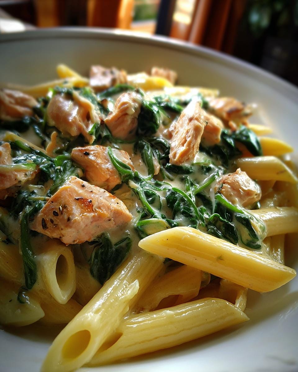 Close-up of Penne in cremiger Spinat-Lachs-Sauce, a creamy pasta dish with salmon and spinach.