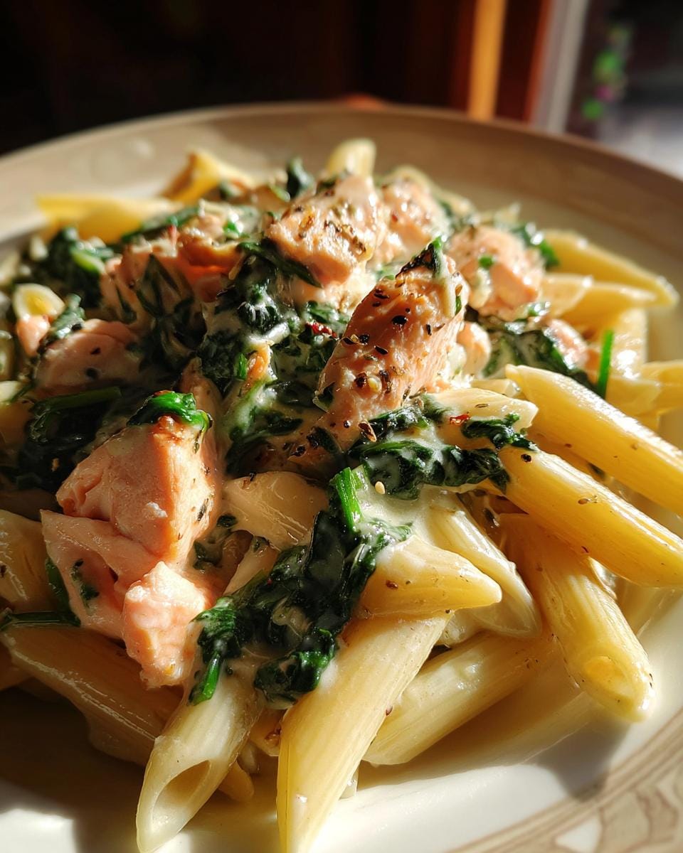 Close-up of Penne in cremiger Spinat-Lachs-Sauce, showing pasta, salmon, and spinach in creamy sauce.