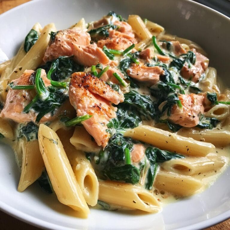 Close-up of Penne in cremiger Spinat-Lachs-Sauce, featuring pasta, salmon, and spinach in a creamy sauce.