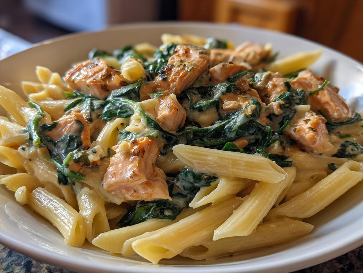A bowl of Penne in cremiger Spinat-Lachs-Sauce, featuring penne pasta, spinach, and salmon in a creamy sauce.