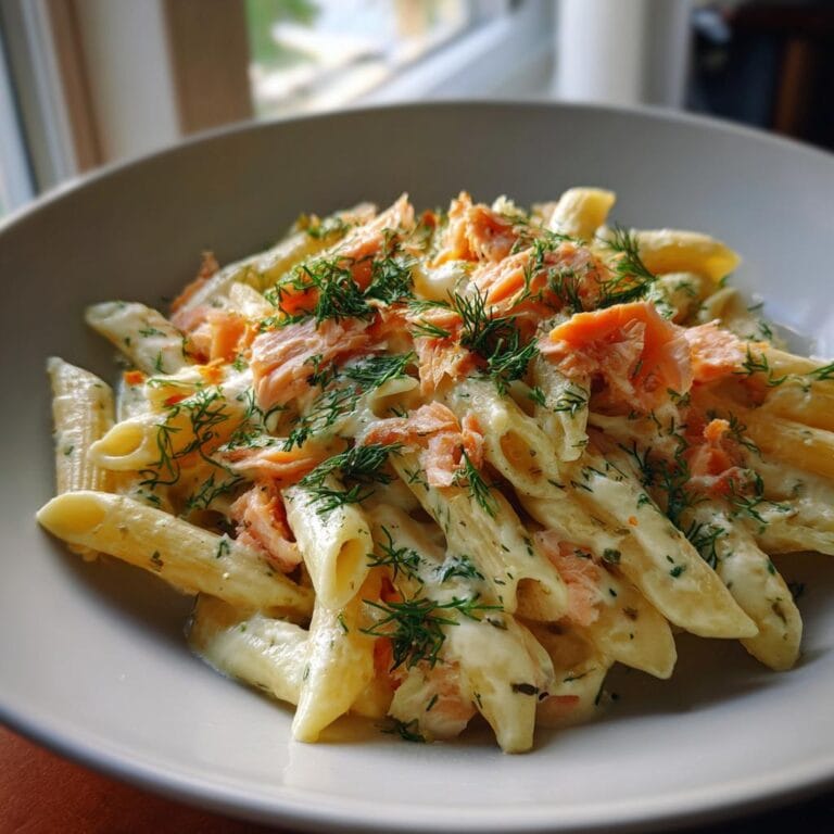 Close-up of Penne mit Räucherlachs und Dill-Rahm in a bowl, garnished with fresh dill.